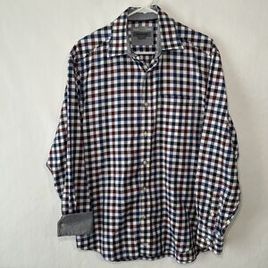 Johnston & Murphy Tailored Fit Button Up Shirt Medium Blue Red Checks Flipcuff